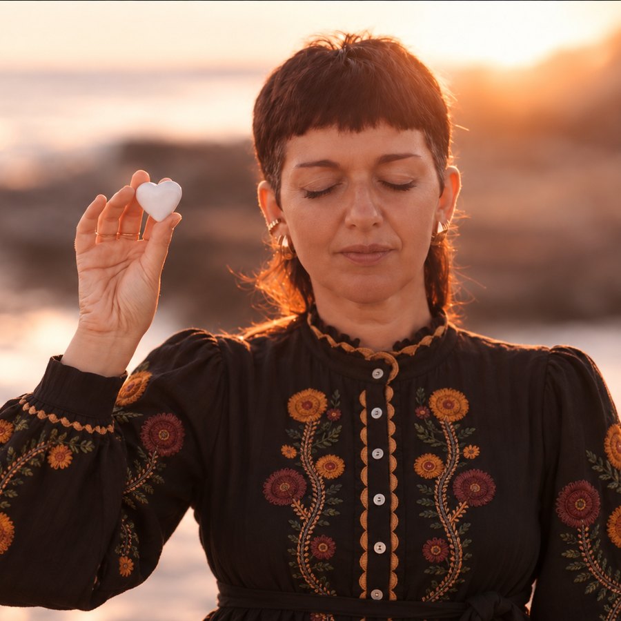 Tamara Sbalchiero, fondatrice di Evoalchimia, con un cuore di cristallo al tramonto